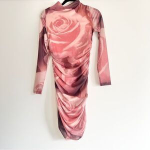 Anthropologie “Maya” Pink Burgundy Rose Ruched Mesh Mini Dress Size Small NWT